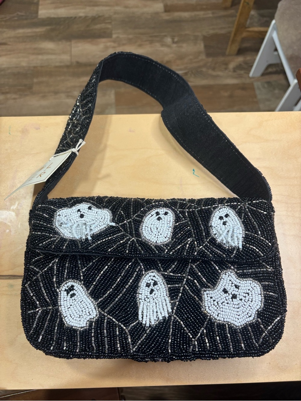 Black Beaded Ghost-Embellished Shoulder Clutch